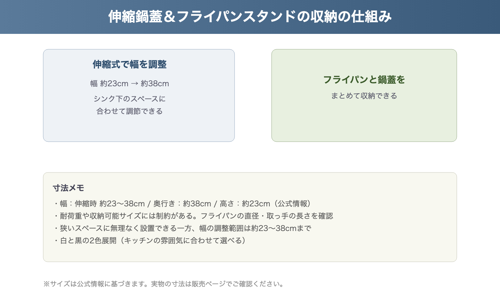 伸縮鍋蓋スタンドの収納の仕組みと寸法図解