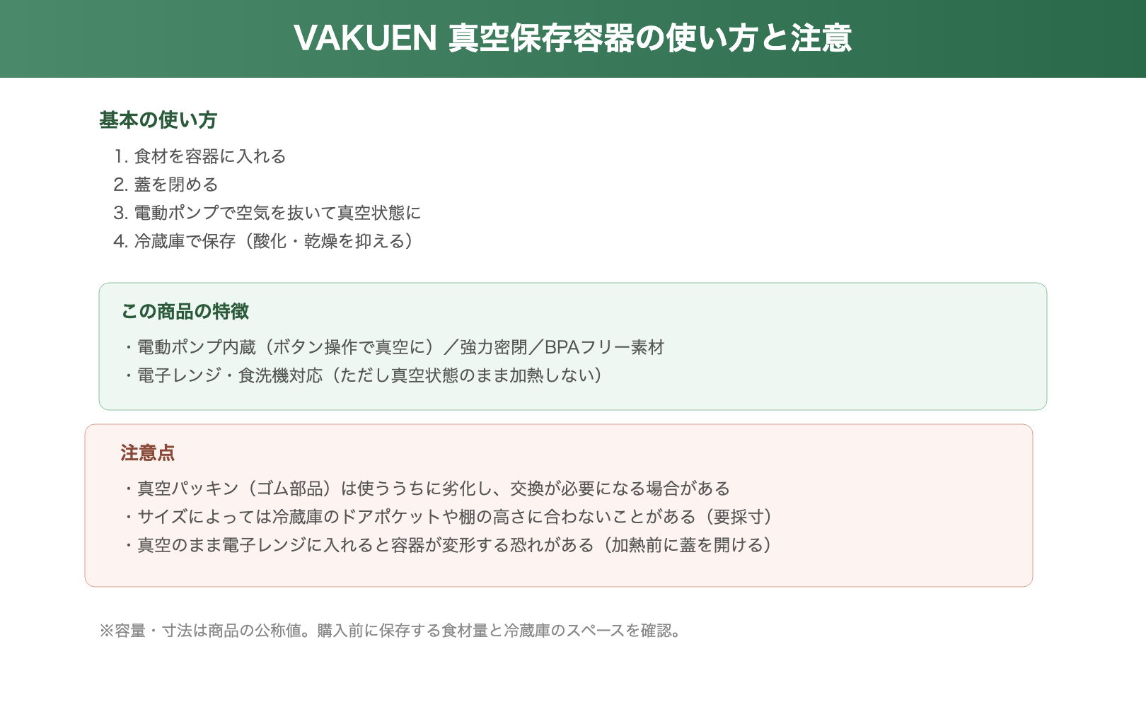 真空保存容器の使い方と注意の図解